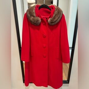 Exquisite Vintage 60’s Women’s Red Wool Coat with Genuine Fur Collar